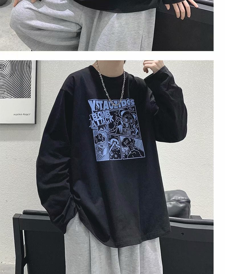 長袖Tシャツファッションメンズ 春服 長袖ラウンドネックプルオーバーショート丈プリント秋服カジュアル韓国系　