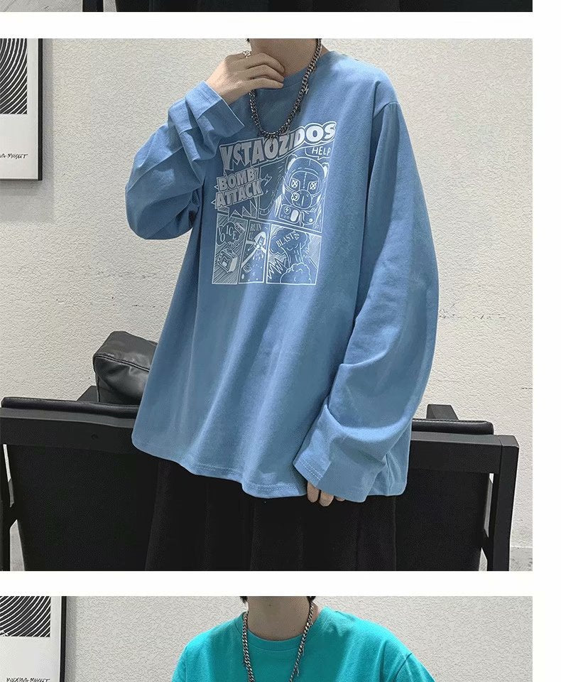 長袖Tシャツファッションメンズ 春服 長袖ラウンドネックプルオーバーショート丈プリント秋服カジュアル韓国系　