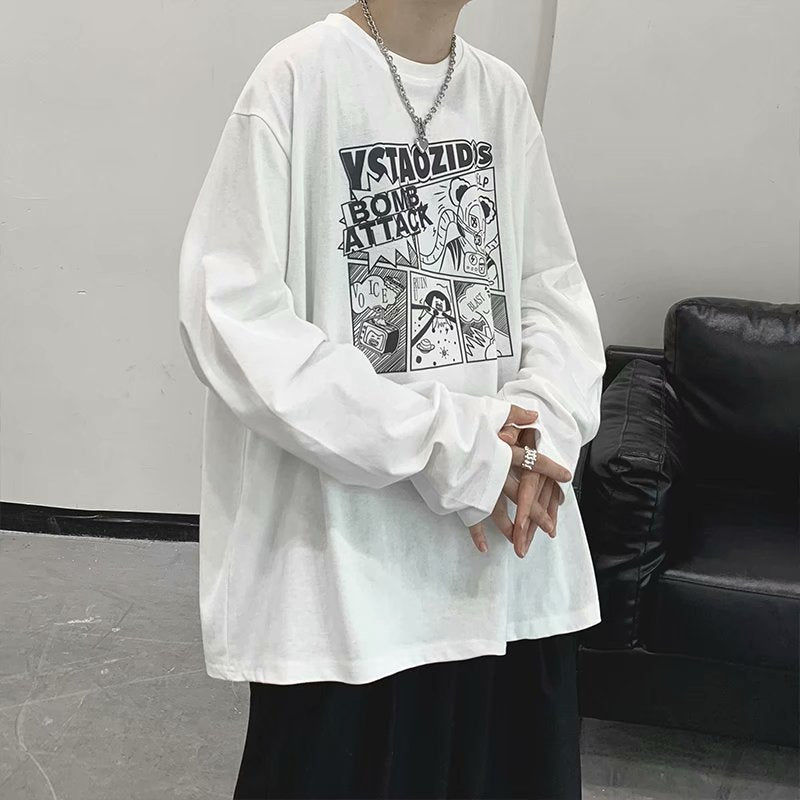 長袖Tシャツファッションメンズ 春服 長袖ラウンドネックプルオーバーショート丈プリント秋服カジュアル韓国系　