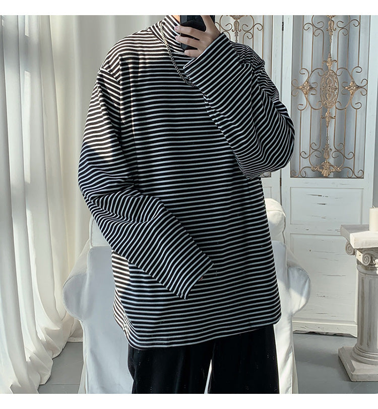 ハイネック長袖プルオーバーカジュアル韓国系混纺ファッションシンプルボーダーレトロメンズ半袖Tシャツ