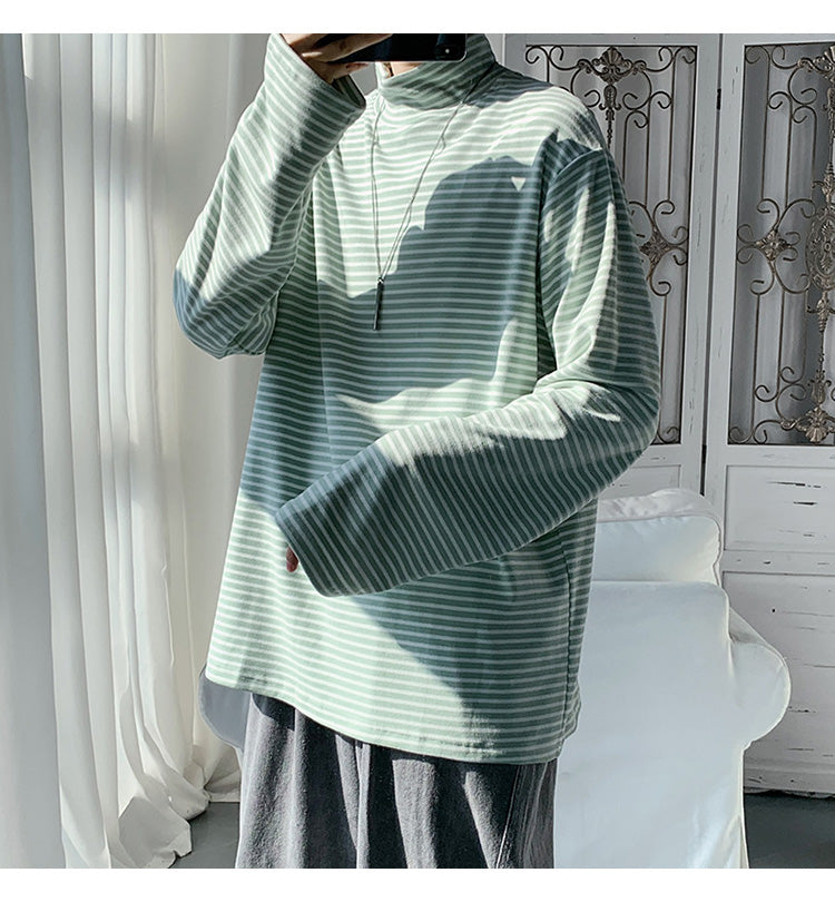 ハイネック長袖プルオーバーカジュアル韓国系混纺ファッションシンプルボーダーレトロメンズ半袖Tシャツ