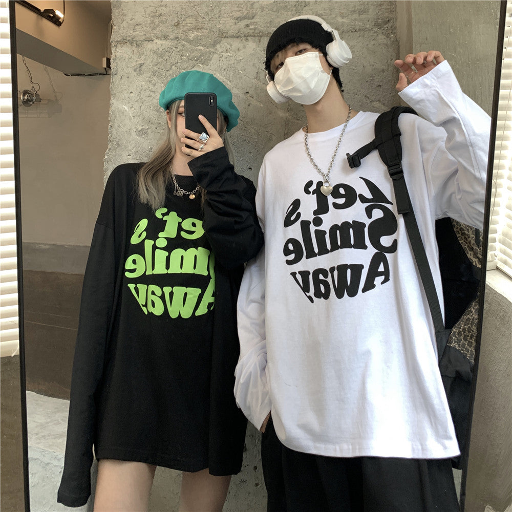 Ｔシャツ アルファベット ストリート系 学園風ラウンドネックコットン長袖春秋ショート丈プリントシンプル 韓国 ファッション メンズ