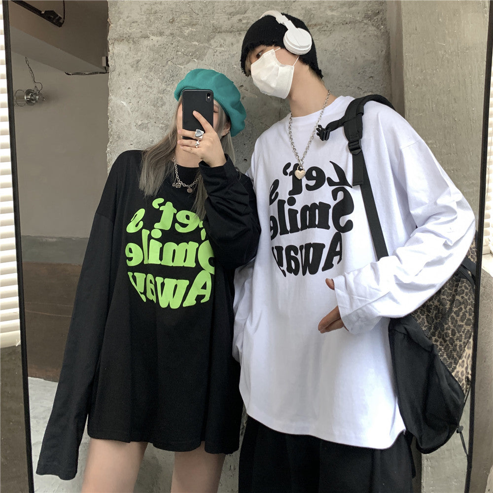 Ｔシャツ アルファベット ストリート系 学園風ラウンドネックコットン長袖春秋ショート丈プリントシンプル 韓国 ファッション メンズ