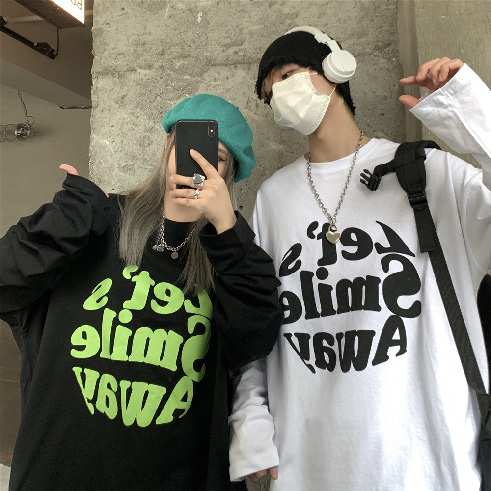 Ｔシャツ アルファベット ストリート系 学園風ラウンドネックコットン長袖春秋ショート丈プリントシンプル 韓国 ファッション メンズ