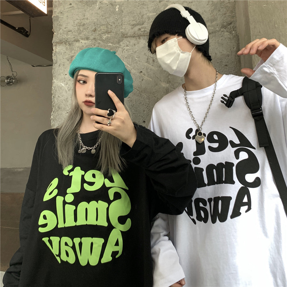 Ｔシャツ アルファベット ストリート系 学園風ラウンドネックコットン長袖春秋ショート丈プリントシンプル 韓国 ファッション メンズ