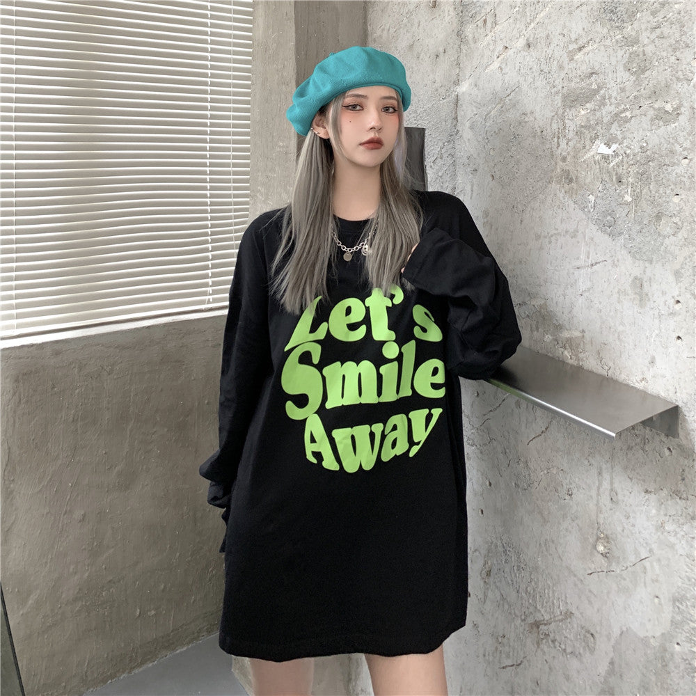 Ｔシャツ アルファベット ストリート系 学園風ラウンドネックコットン長袖春秋ショート丈プリントシンプル 韓国 ファッション メンズ