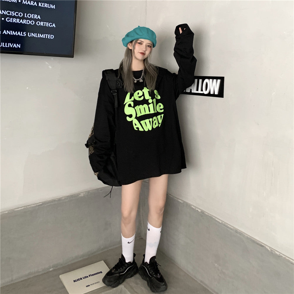 Ｔシャツ アルファベット ストリート系 学園風ラウンドネックコットン長袖春秋ショート丈プリントシンプル 韓国 ファッション メンズ