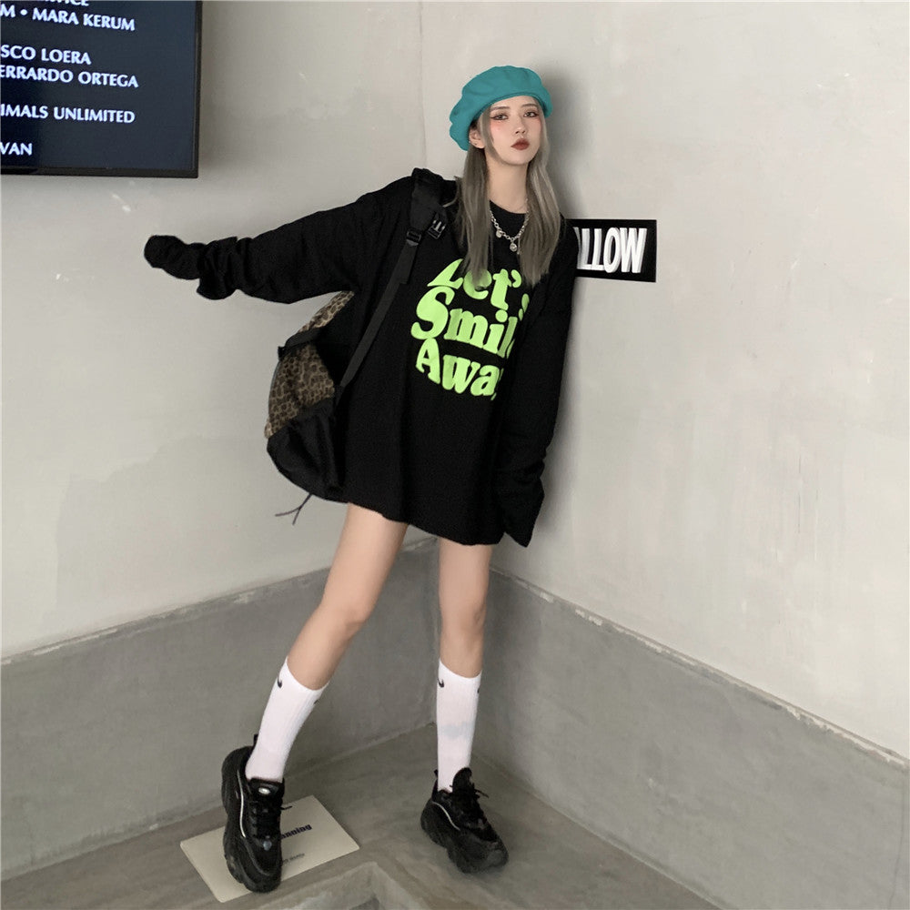 Ｔシャツ アルファベット ストリート系 学園風ラウンドネックコットン長袖春秋ショート丈プリントシンプル 韓国 ファッション メンズ