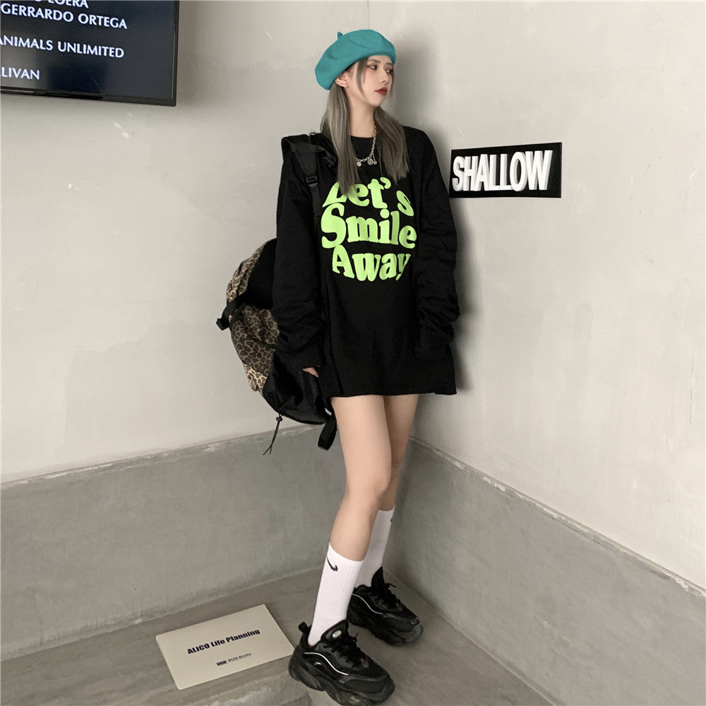 Ｔシャツ アルファベット ストリート系 学園風ラウンドネックコットン長袖春秋ショート丈プリントシンプル 韓国 ファッション メンズ