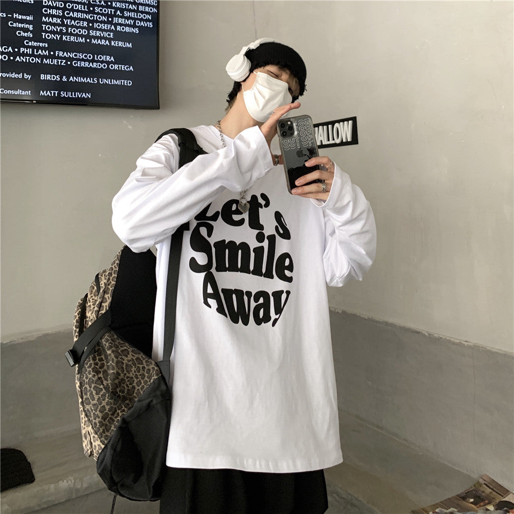 Ｔシャツ アルファベット ストリート系 学園風ラウンドネックコットン長袖春秋ショート丈プリントシンプル 韓国 ファッション メンズ