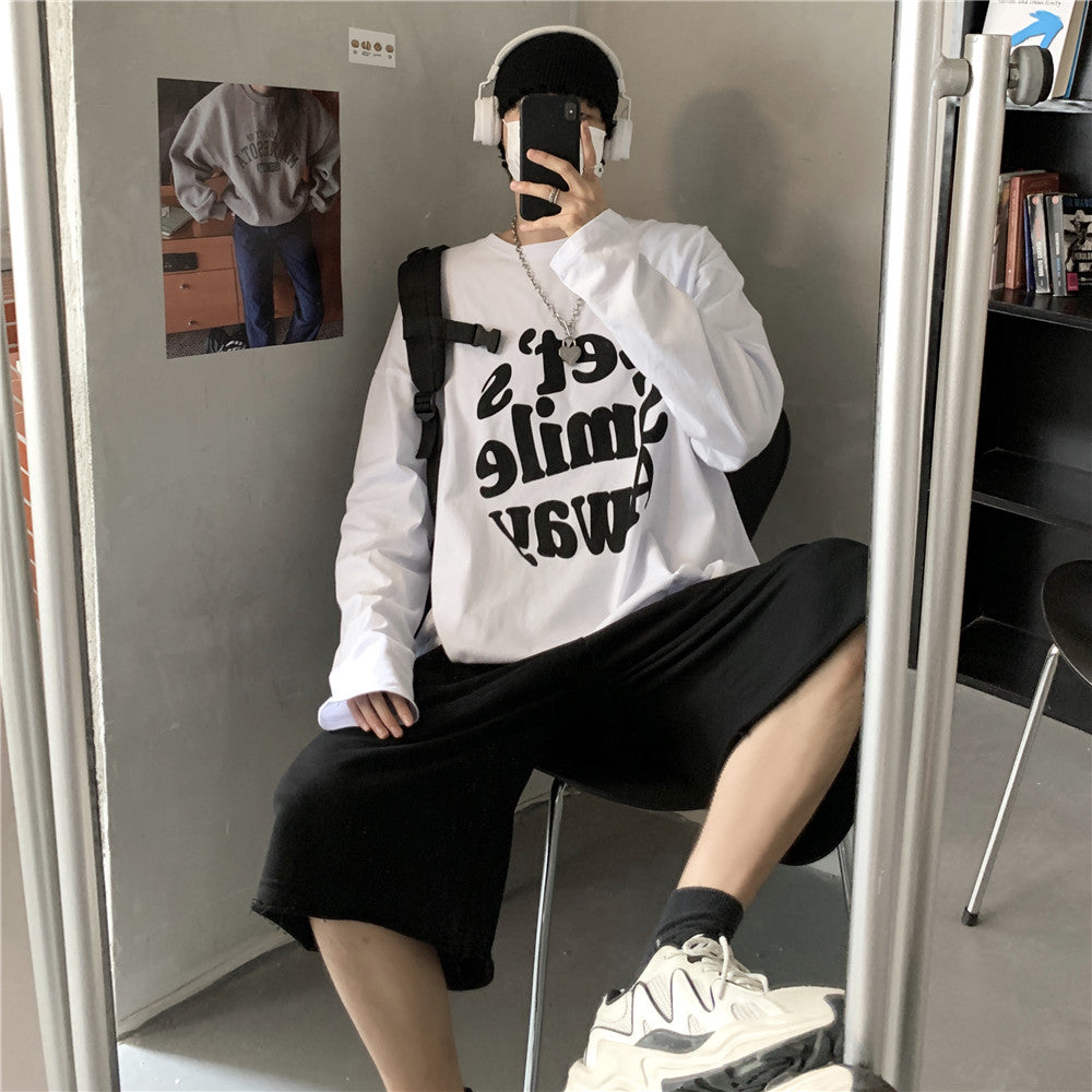 Ｔシャツ アルファベット ストリート系 学園風ラウンドネックコットン長袖春秋ショート丈プリントシンプル 韓国 ファッション メンズ