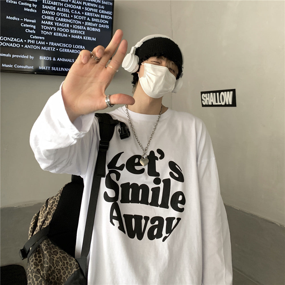 Ｔシャツ アルファベット ストリート系 学園風ラウンドネックコットン長袖春秋ショート丈プリントシンプル 韓国 ファッション メンズ