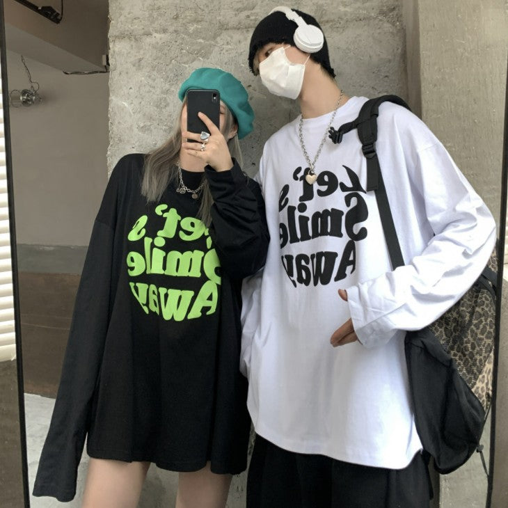 Ｔシャツ アルファベット ストリート系 学園風ラウンドネックコットン長袖春秋ショート丈プリントシンプル 韓国 ファッション メンズ