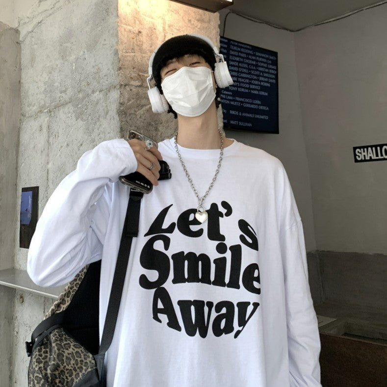 Ｔシャツ アルファベット ストリート系 学園風ラウンドネックコットン長袖春秋ショート丈プリントシンプル 韓国 ファッション メンズ