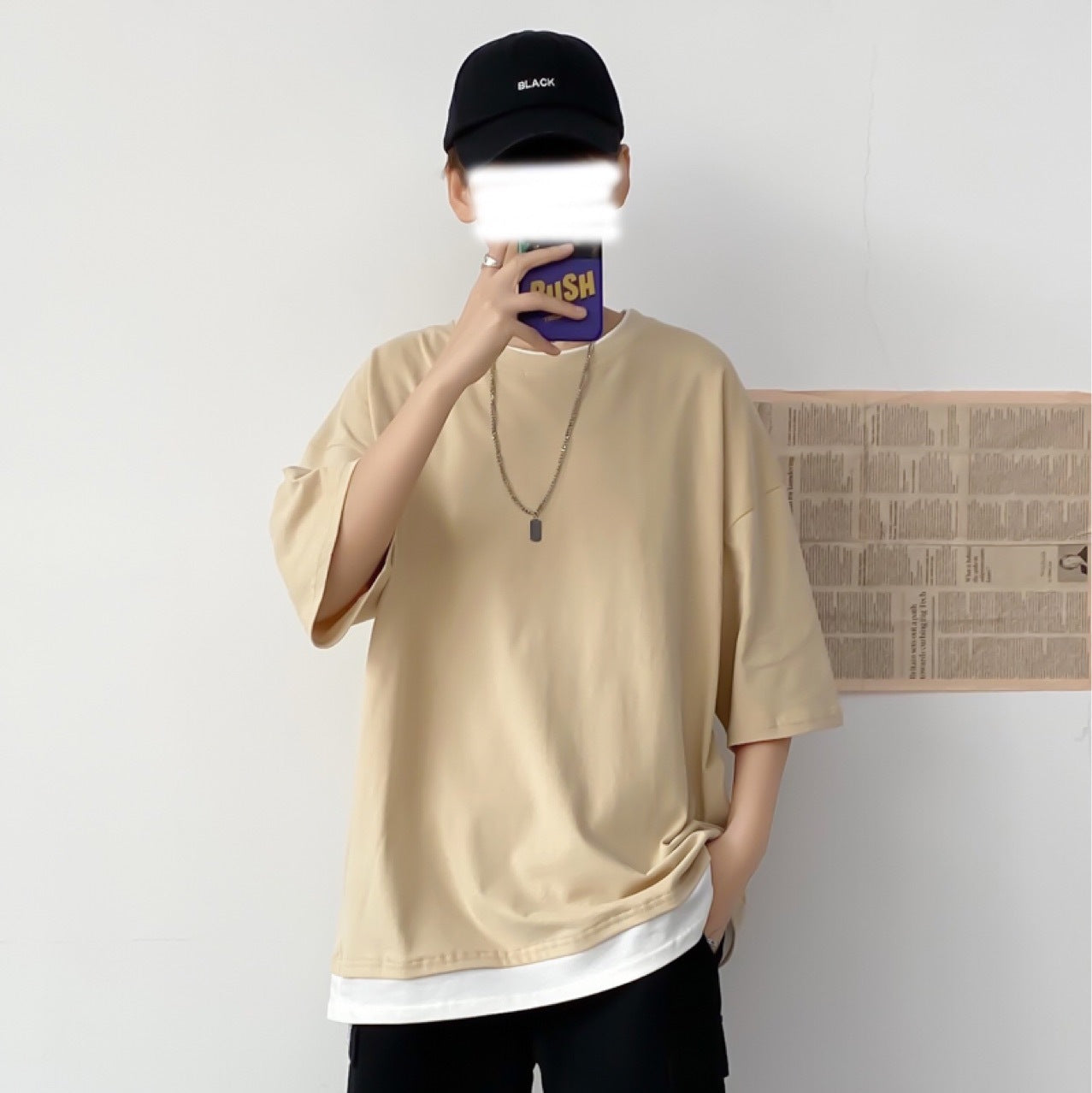 レイヤード tシャツ シンプル 切り替え 春 服 メンズ ラウンドネック 半袖Tシャツ メンズ ファッション