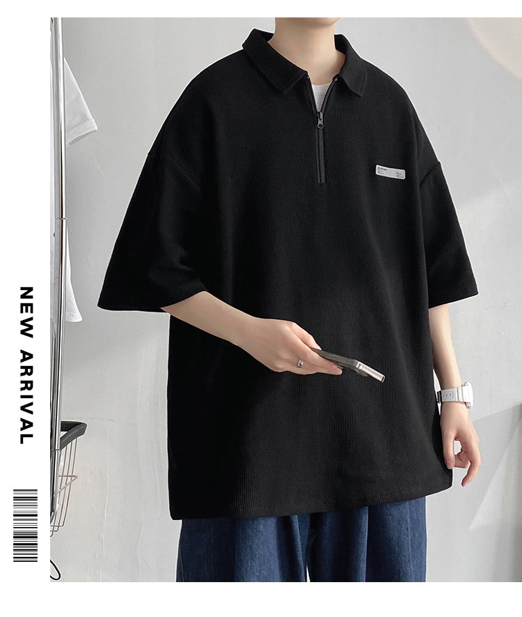 無地 プルオーバー ポリエステル 半袖 ファッション カジュアル 韓国系   ファスナー POLOネック半袖Tシャツ