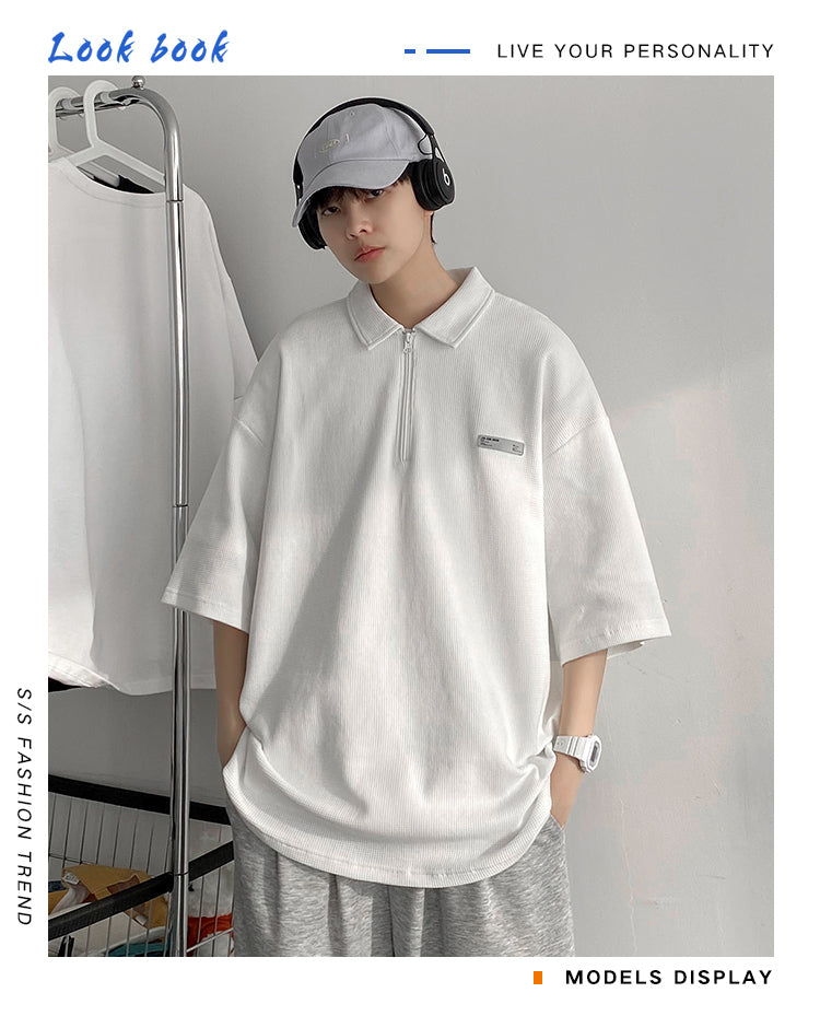 無地 プルオーバー ポリエステル 半袖 ファッション カジュアル 韓国系   ファスナー POLOネック半袖Tシャツ