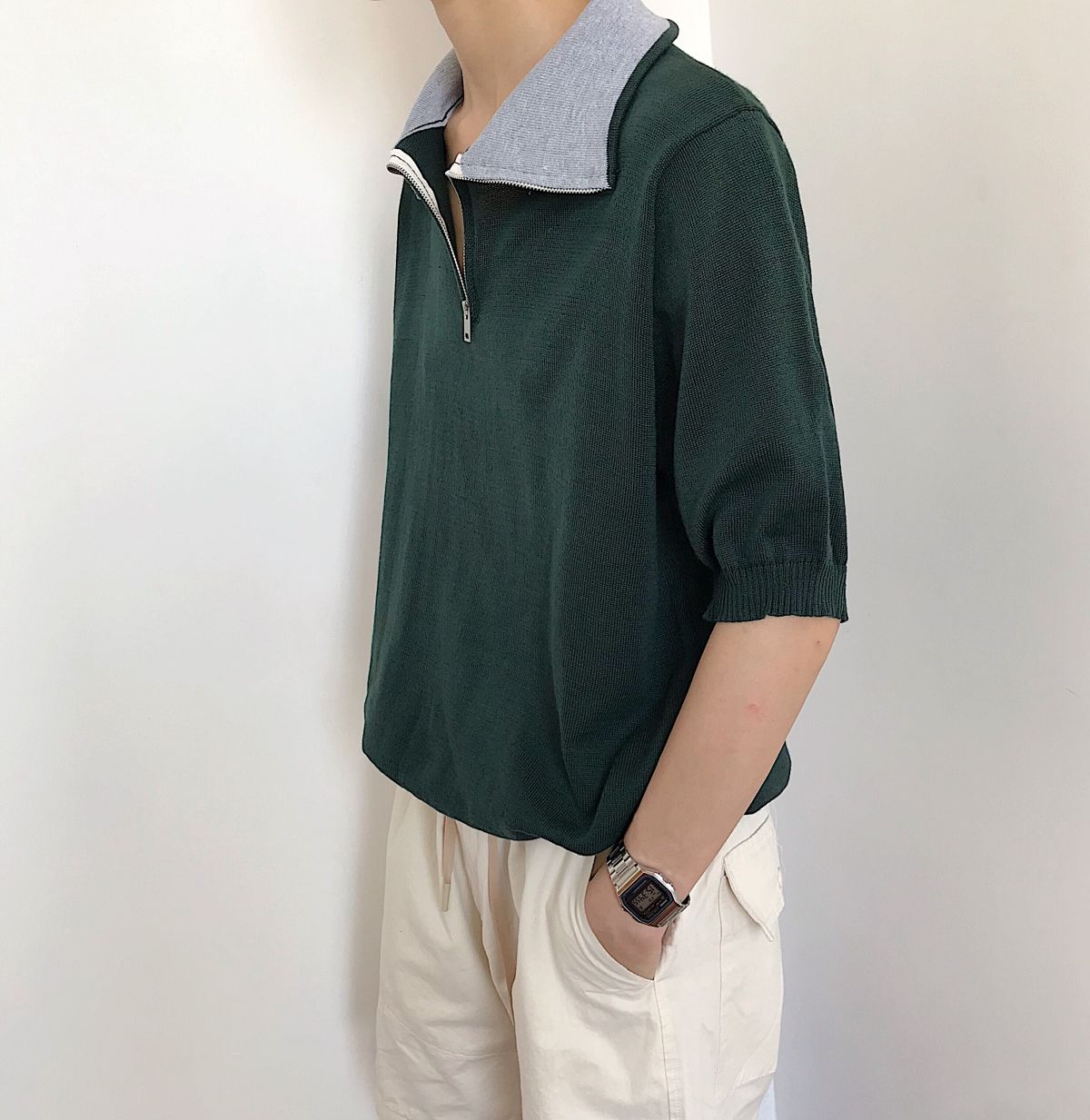 プルオーバー切り替え折り襟韓国系ポリエステル半袖Tシャツ