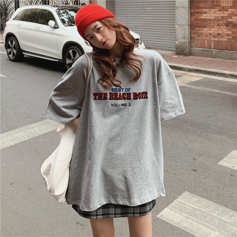 アルファベットプルオーバーコットン半袖カジュアル韓国系春夏プリント秋ラウンドネックグレーホワイトTシャツ