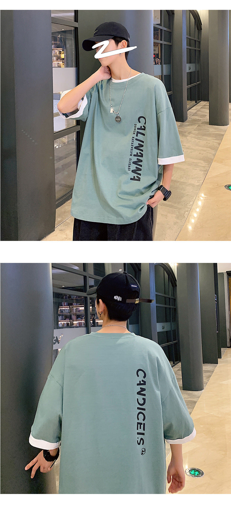 プリント レイヤード / 重ね着風 カジュアル ラウンドネック 韓国系 アルファベット  プルオーバー  清新 半袖Tシャツ