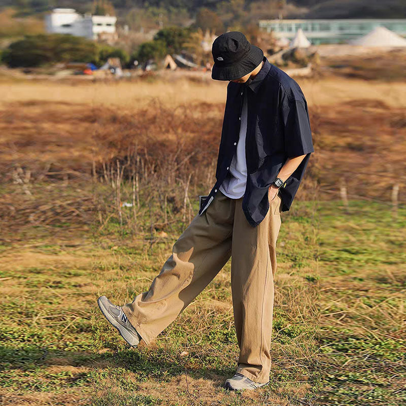 韓国 ファッション パンツ 服  服装 無地 レギュラー丈 レギュラーウエスト コットン カジュアル 和風 なしメンズボトムス