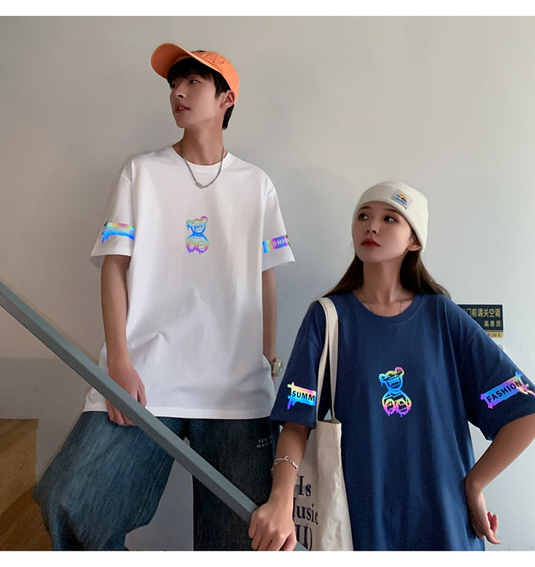 カップルコーデ プリント t シャツ  ストリート系 韓国系 メンズファッション ラウンドネック半袖Tシャツ大学生 ストリート 夏服