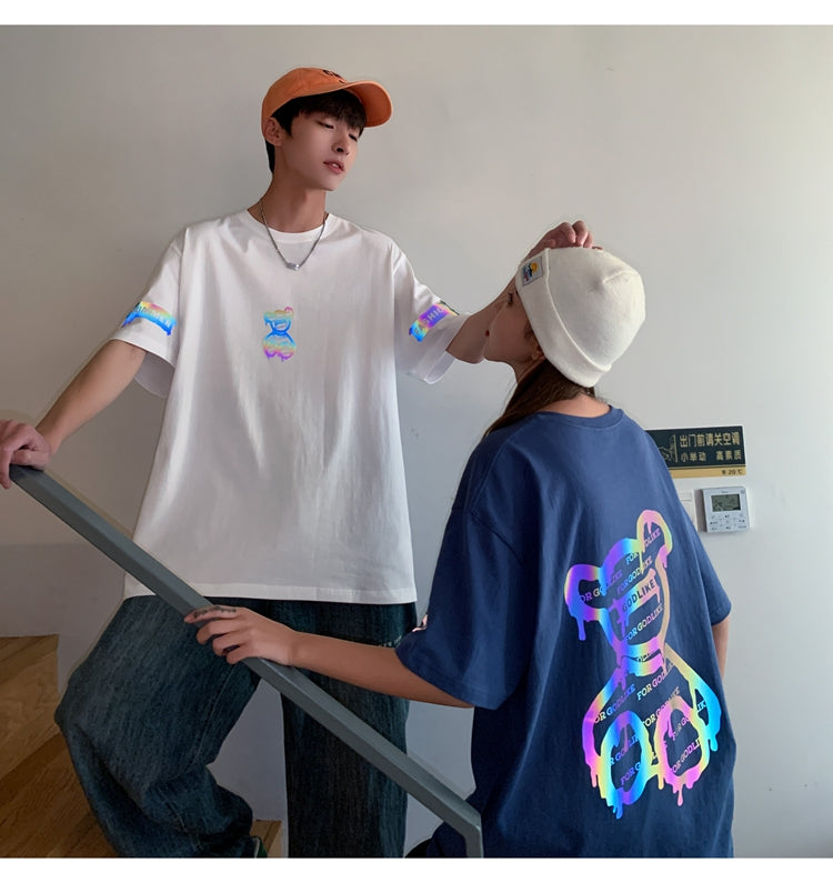 カップルコーデ プリント t シャツ  ストリート系 韓国系 メンズファッション ラウンドネック半袖Tシャツ大学生 ストリート 夏服