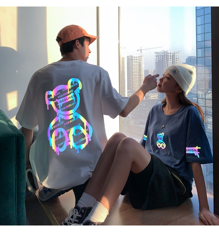 カップルコーデ プリント t シャツ  ストリート系 韓国系 メンズファッション ラウンドネック半袖Tシャツ大学生 ストリート 夏服