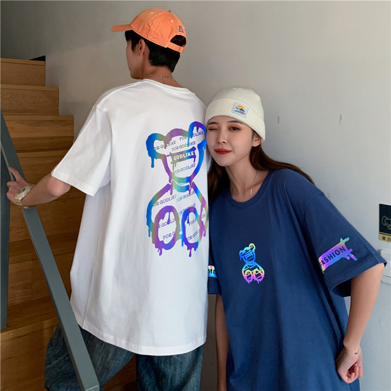 カップルコーデ プリント t シャツ  ストリート系 韓国系 メンズファッション ラウンドネック半袖Tシャツ大学生 ストリート 夏服