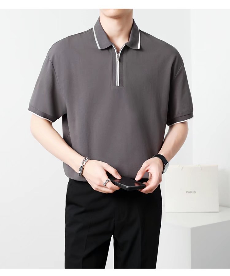 無地 コットン カジュアル 韓国系 夏 プルオーバー POLOネック シンプル ファッション 半袖  ファスナー 半袖Tシャツ