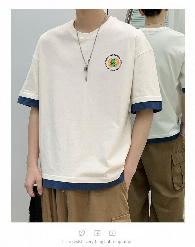 韓国系 カジュアル   プルオーバー 夏 プリント 半袖  レイヤード / 重ね着風 ラウンドネック プリント シンプル半袖Tシャツ