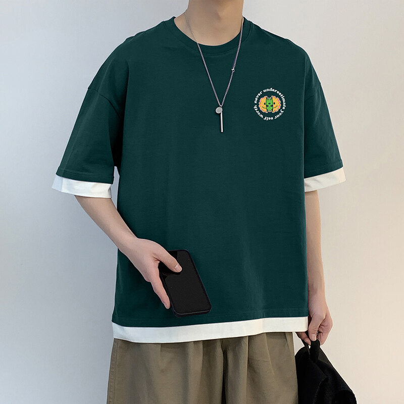 韓国系 カジュアル   プルオーバー 夏 プリント 半袖  レイヤード / 重ね着風 ラウンドネック プリント シンプル半袖Tシャツ