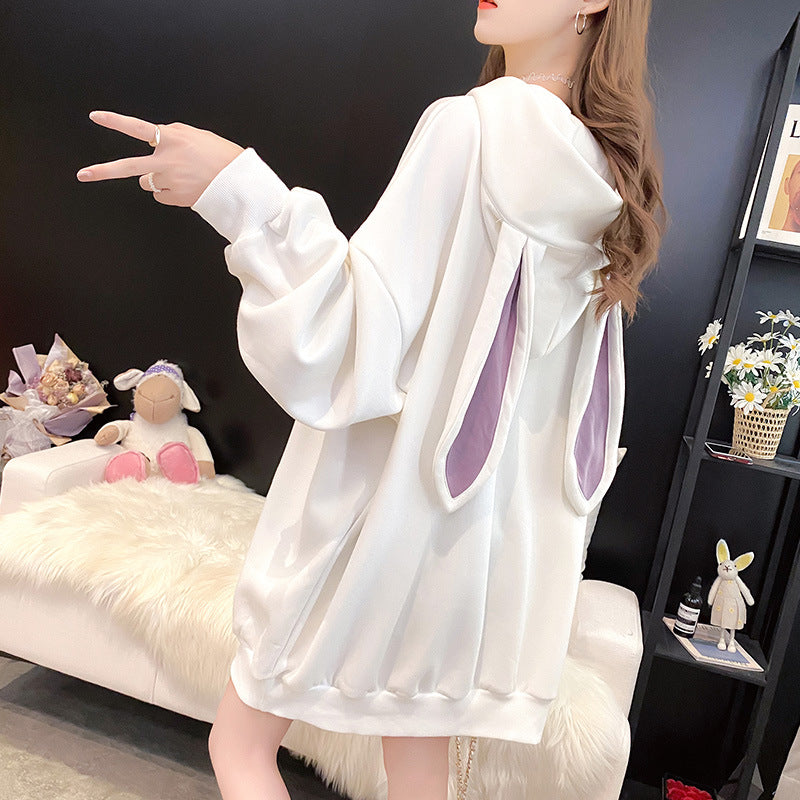 パーカーレディース ファッション可愛い 服ゆったり 兎  レディース 韓国ファッション 秋 服 長袖 シンプル スウィート 切り替え フード付きパーカー