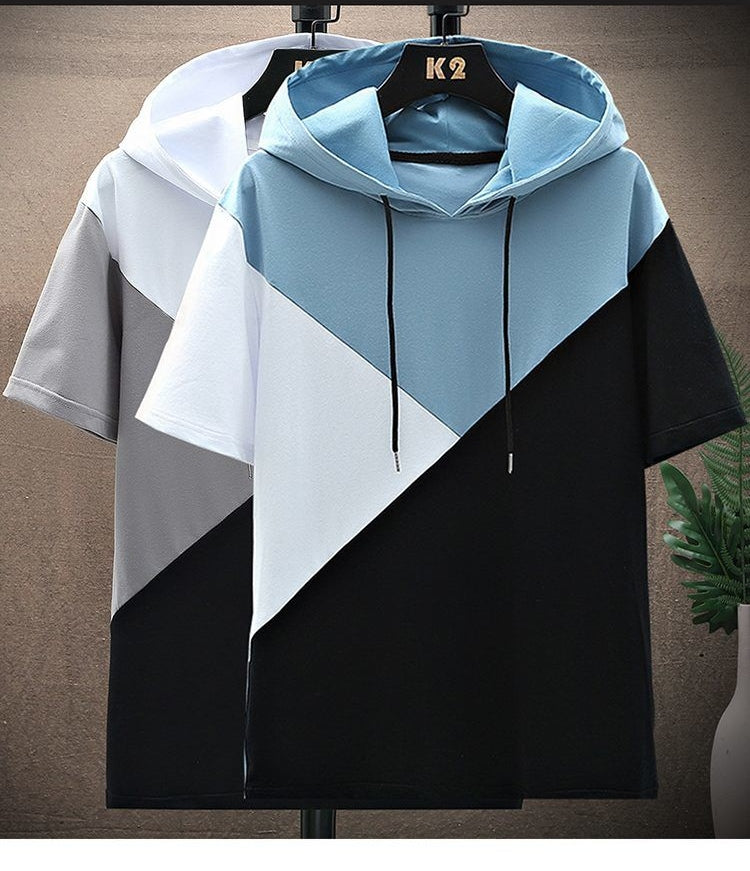 プルオーバー 半袖 シンプル カジュアル 韓国系   切り替え フード付き半袖Tシャツ