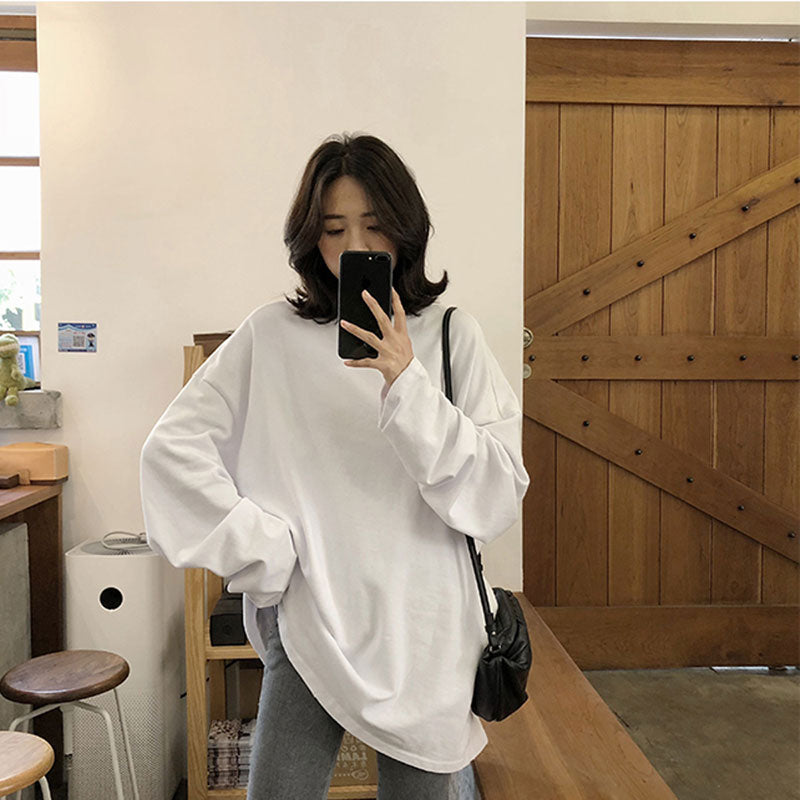 安い Ｔシャツ 無地 韓国 レディース ファッション 組み合わせやすい シンプル  秋 服 ラウンドネック 長袖Ｔシャツ