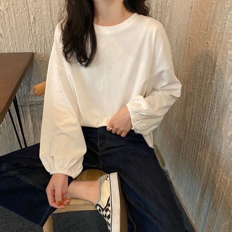 長袖Tシャツ韓国 レディース可愛い 服 無地 プルオーバー 長袖 シンプル ファッション カジュアル ランタンスリーブ  ラウンドネック  デート 女子会Tシャツ