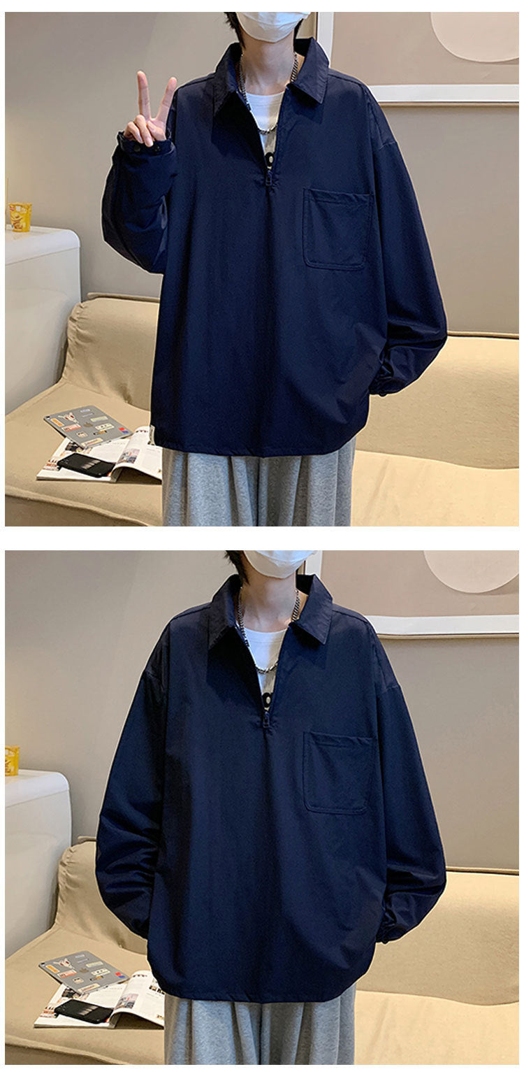 韓国ファッション 体型カバー 薄 無地 ジッパー 秋 服 長袖 シンプル 切り替え 折り襟 パーカー