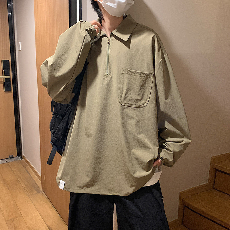 韓国ファッション 体型カバー 薄 無地 ジッパー 秋 服 長袖 シンプル 切り替え 折り襟 パーカー