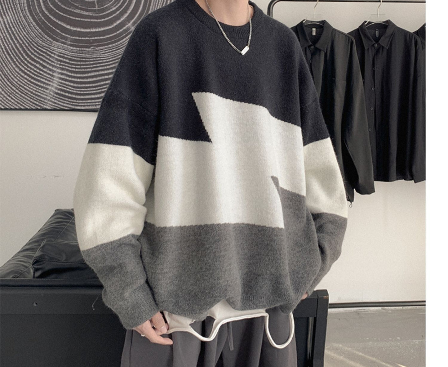 3カラー  韓国ファッション 秋服 冬服メンズ  切り替え ラウンドネック カットソー · セーター