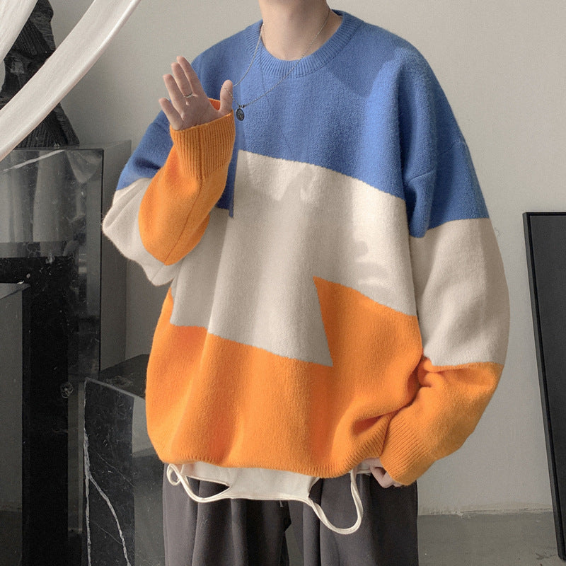 3カラー  韓国ファッション 秋服 冬服メンズ  切り替え ラウンドネック カットソー · セーター