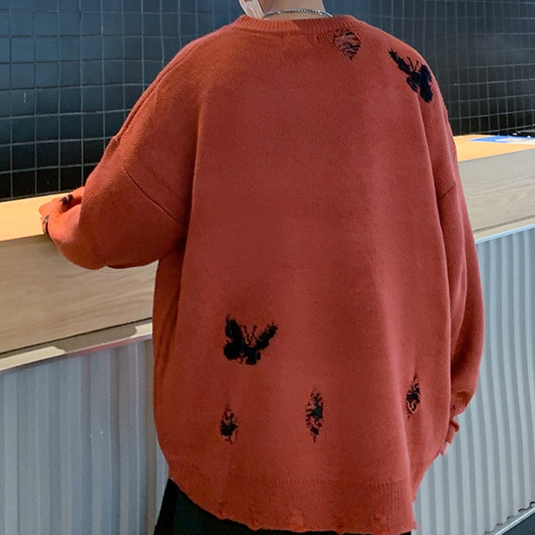 動物柄  プルオーバー 長袖 ファッション カジュアル   ダメージ加工 ラウンドネックカットソー · セーター