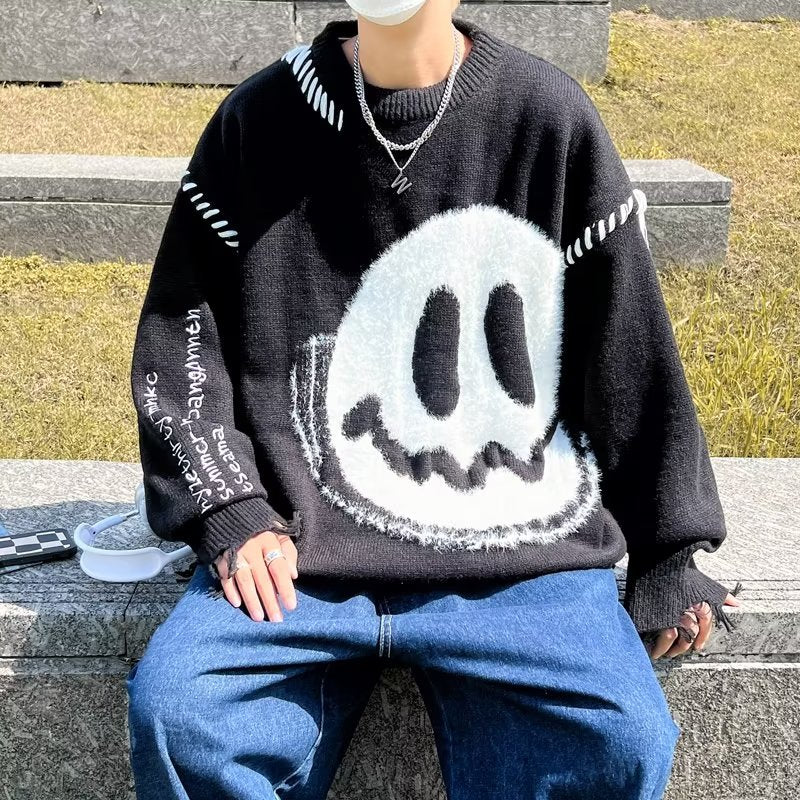 プルオーバー 長袖 ファッション カジュアル   ダメージ加工 刺繍 ラウンドネック ブラック ライトグレーカットソー · セーター