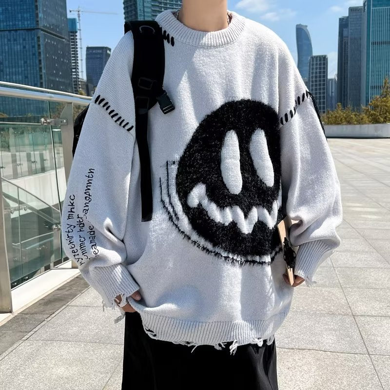 プルオーバー 長袖 ファッション カジュアル   ダメージ加工 刺繍 ラウンドネック ブラック ライトグレーカットソー · セーター