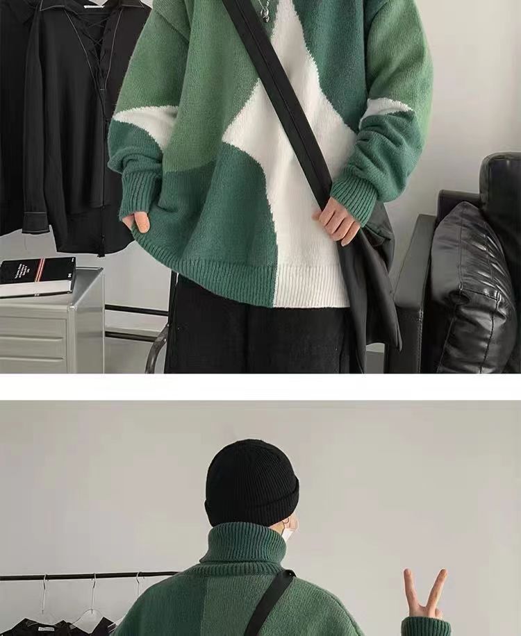 カジュアル ファッション ハイネック 幾何模様 秋冬   長袖   切り替えカットソー · セーター