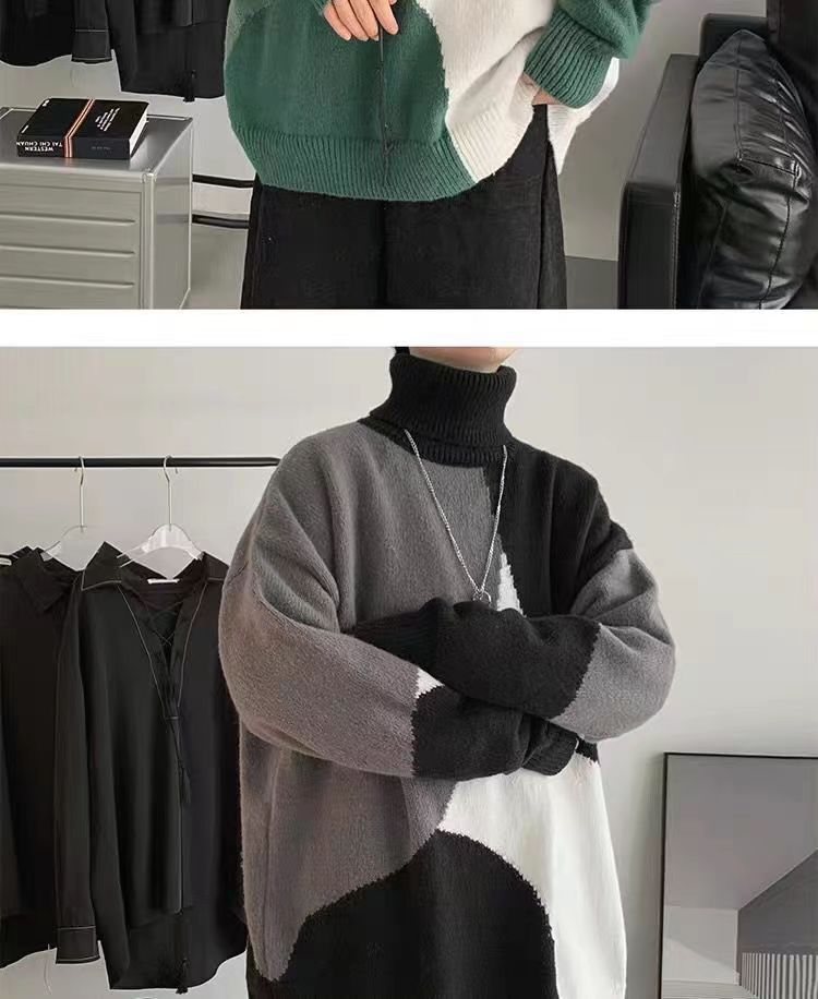 カジュアル ファッション ハイネック 幾何模様 秋冬   長袖   切り替えカットソー · セーター