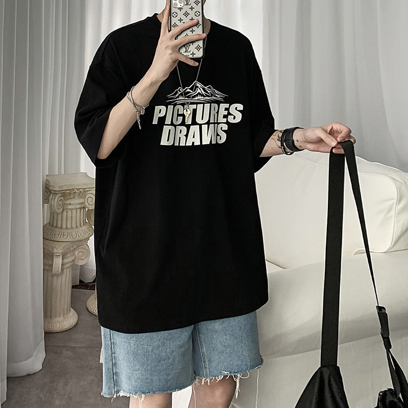 プリントアルファベットプルオーバーラウンドネックなしコットンポリエステルシンプルファッションモード系カジュアル定番韓国系半袖Tシャツ