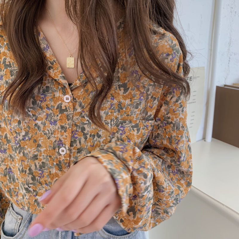 シャツ・ブラウス韓国 レディース可愛い 服プリントシングルブレスト長袖シンプルローマ系ファッションレトロプリント春夏秋折襟シャツ・ブラウス