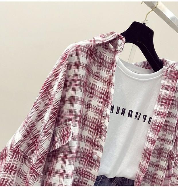 シャツ・ブラウス韓国 レディース可愛い 服定番 春服 レディース　ゆったり カジュアル　チェック柄シングルブレスト春秋長袖カジュアルPOLOネックシャツ・ブラウス