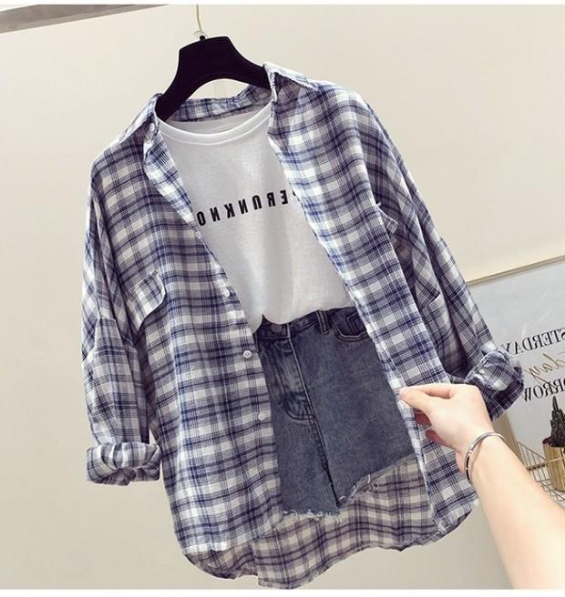 シャツ・ブラウス韓国 レディース可愛い 服定番 春服 レディース　ゆったり カジュアル　チェック柄シングルブレスト春秋長袖カジュアルPOLOネックシャツ・ブラウス