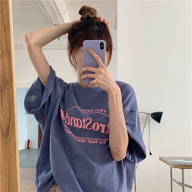 Tシャツレディースファッション可愛い 服アルファベットプルオーバーポリエステル半袖韓国系夏プリントラウンドネックTシャツ